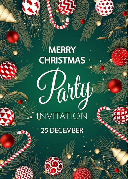 Merry Christmas Party invitation. Happy New Year card Decoration. Winter background. Seasonal holidays.