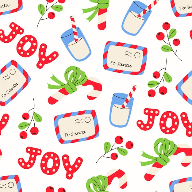 Merry christmas pattern of candy cane with bow, joy text, milk, envelope to santa. Happy New Year