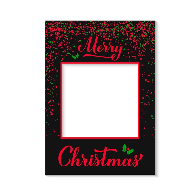 Merry Christmas photo booth frame on white background Holidays party photobooth props Vector template