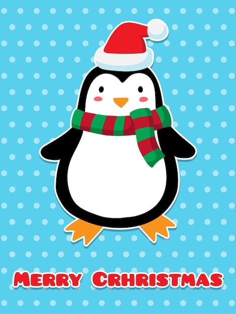 Merry Christmas postcard Penguin in a hat and scarf