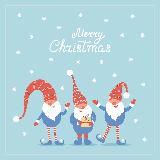 Merry Christmas Postcard Three Vector Christmas Cute Gnomes with Red Caps in Flat Style