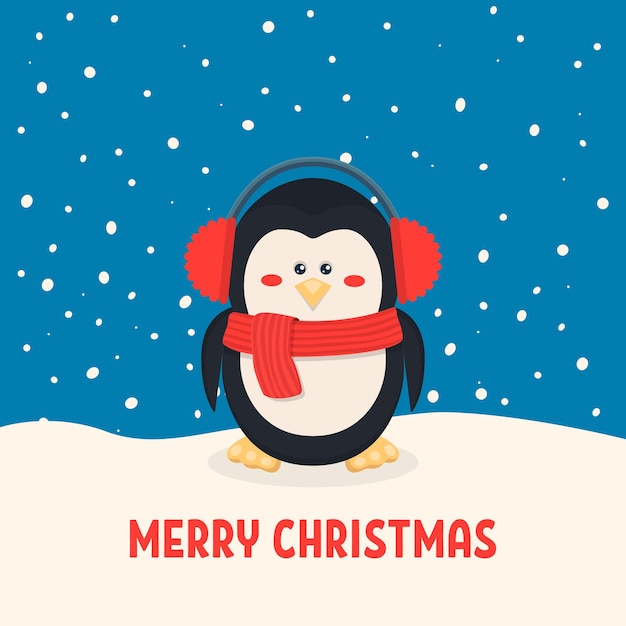 Merry Christmas Postcard Vector Christmas Cute and Funny Penguin with Headphones in the Snow Scene in Flat Style Design Template for Merry Christmas and Happy New Year Card Cartoon Kids Character