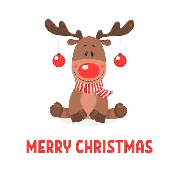 Merry Christmas Postcard Vector Christmas Cute Reindeer with Christmas Balls on the Horns on White Flat Style Design Template for Merry Christmas and Happy New Year Card Cartoon Kids Character