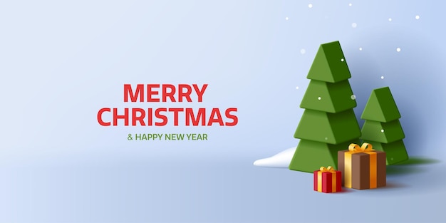 Merry Christmas postcard with 3d stylized Cristmas Tree and gift boxes with snow render cartoon composition