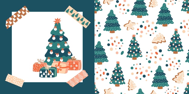 Merry Christmas! Postcard with gift boxes, spruce and washi tapes. Vector pattern with firs, gingerbread and confetti.