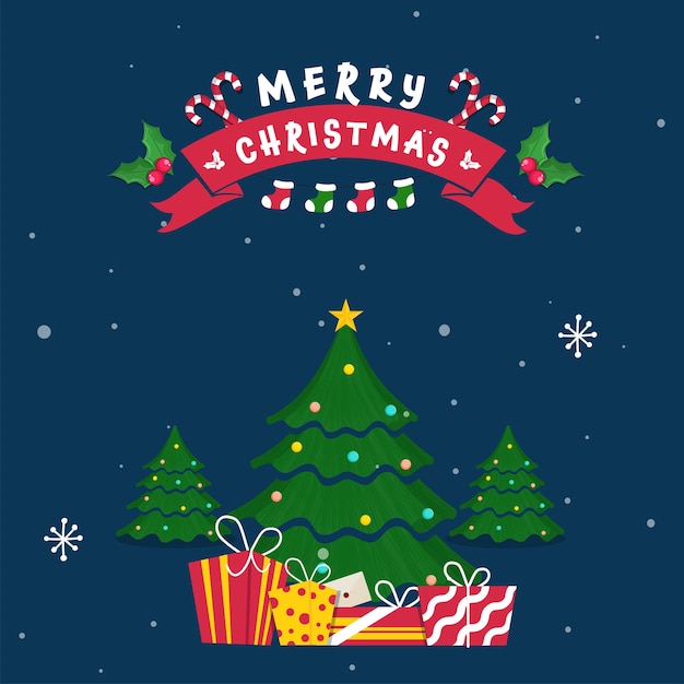 Merry Christmas Poster Design With Decorative Xmas Trees, Gift Boxes, Candy Canes On Blue Snowfall Background.