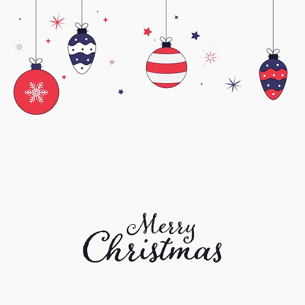 Merry Christmas Poster Design With Hanging Baubles And Stars On White Background.