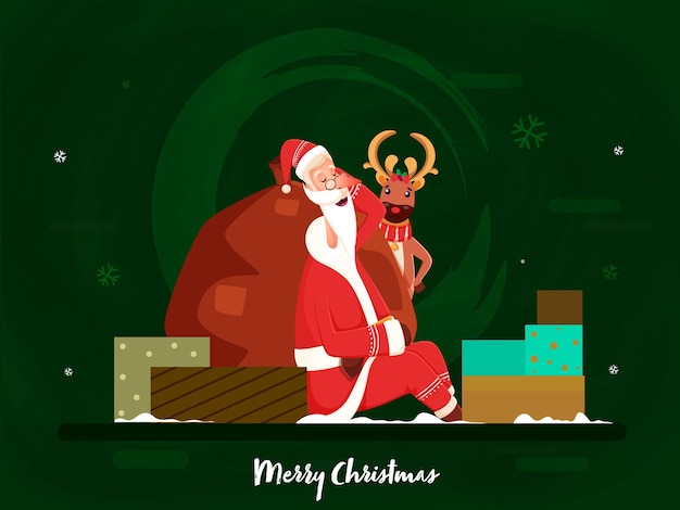 Merry Christmas Poster Design with Illustration of Santa Claus Sleeping Heavy Bag Gift Boxes and Cartoon Reindeer on Green Background