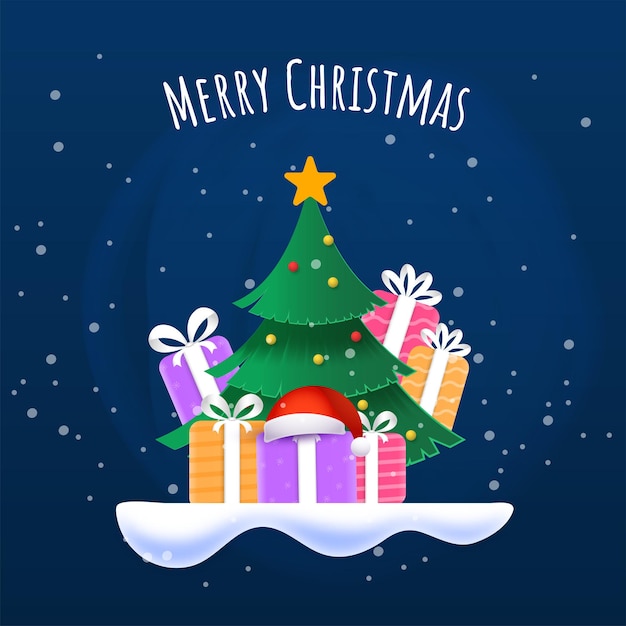 Merry Christmas Poster Design With Xmas Tree, Colorful Gift Boxes And Santa Cap On Blue Snow Falling Background.