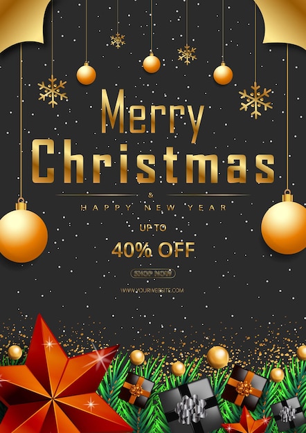 Merry Christmas Poster Offer Promotion with golden stars and realistic Christmas elements Vector