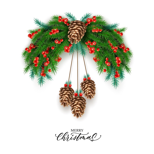 Merry christmas poster spruce branches red berries with pine cones