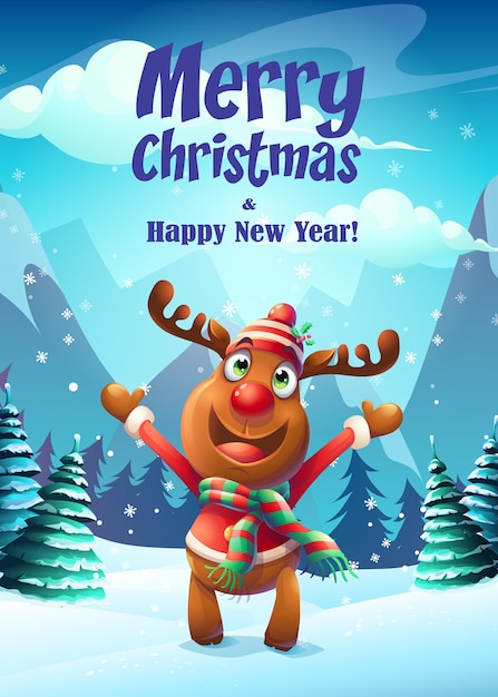 Merry Christmas poster with happy reindeer