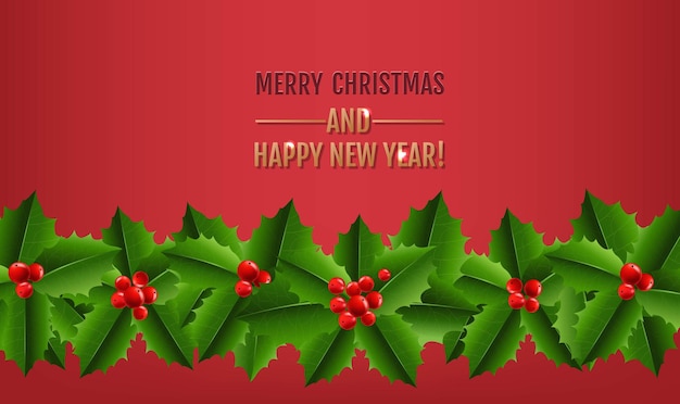 Merry Christmas Poster With Holly Berry With Gradient Mesh Vector Illustration