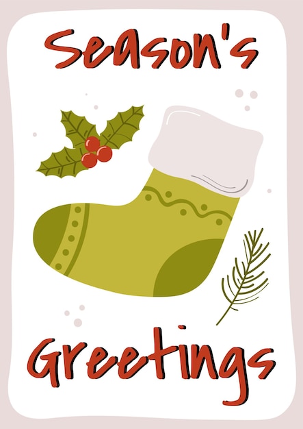 Merry Christmas poster with an inscription and sock on a white background. Vector illustration.