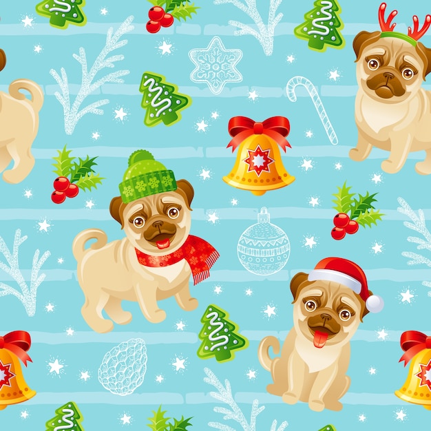 Merry Christmas pug dog pattern. Seamless winter holiday print background. Funny xmas.