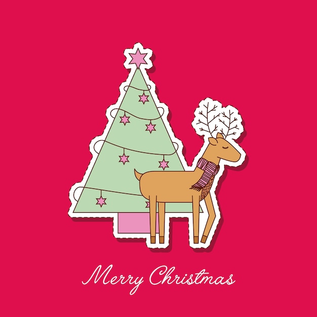 Vector merry christmas reindeer with scarf and tree pine decoration