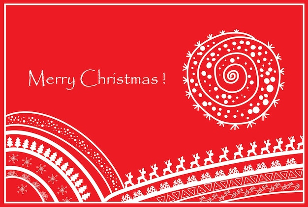 Merry Christmas retro folk art card on red background