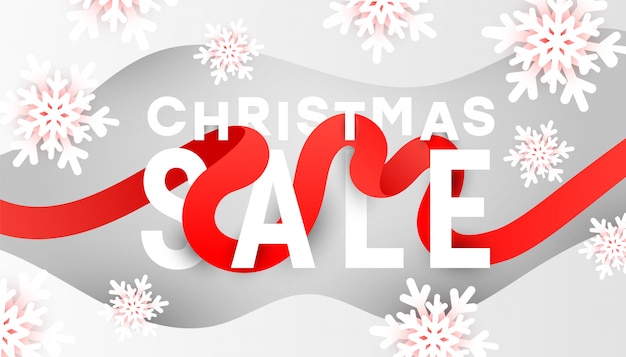 Merry Christmas sale banner with white snowflakes and liquid fluid waves on grey background