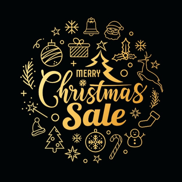 Merry Christmas sale message with icons golden circle shape on black background vector illustration