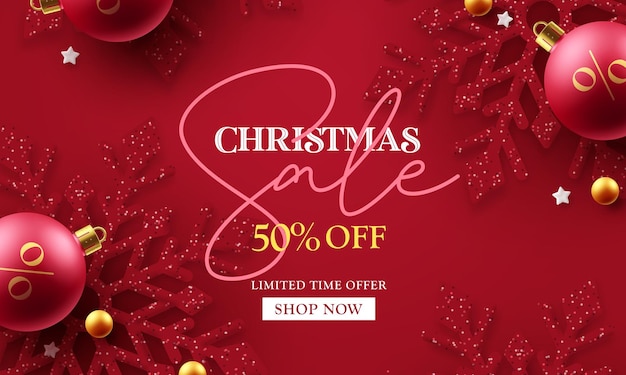 Merry christmas sale vector banner design. Christmas limited offer text with glitter snowflakes