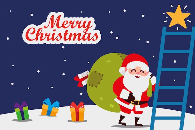 Merry christmas santa with bag gifts and ladder illustration