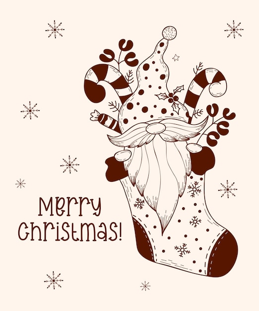 Merry Christmas Scandinavian New Years gnome in Christmas stocking with caramel stick Hand doodle