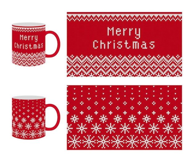 Merry Christmas seamless knit print with snowflakes and zigzag border Cup with Xmas knitting texture Holiday design