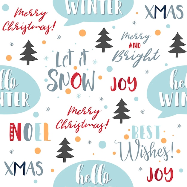 Merry Christmas seamless pattern background with calligraphy lettering snowflakes