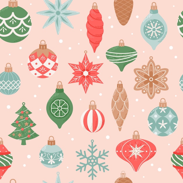 Merry Christmas seamless pattern with cute vintage hanging decorations