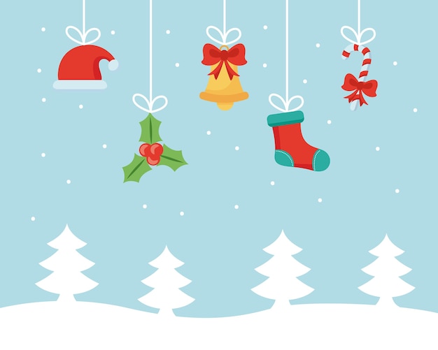 Merry christmas set flat icons hanging in snowscape illustration design