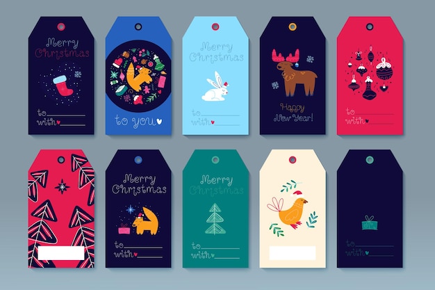 Merry Christmas set of gift tags template greeting cards labels Happy New Year cartoon illustration