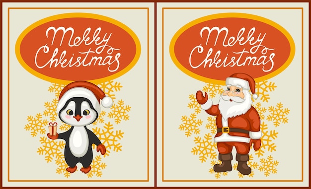 Merry Christmas. A set of greeting cards. Santa and penguin on the background of snowflakes