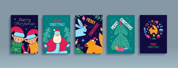 Merry Christmas set of posters template greeting cards flyers Happy New Year cartoon illustration