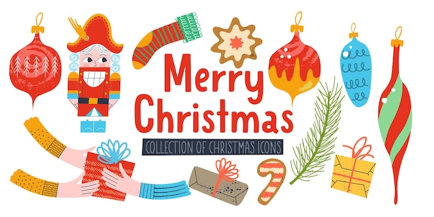 Merry Christmas Set of vector elements of Christmas decor Christmas decorations