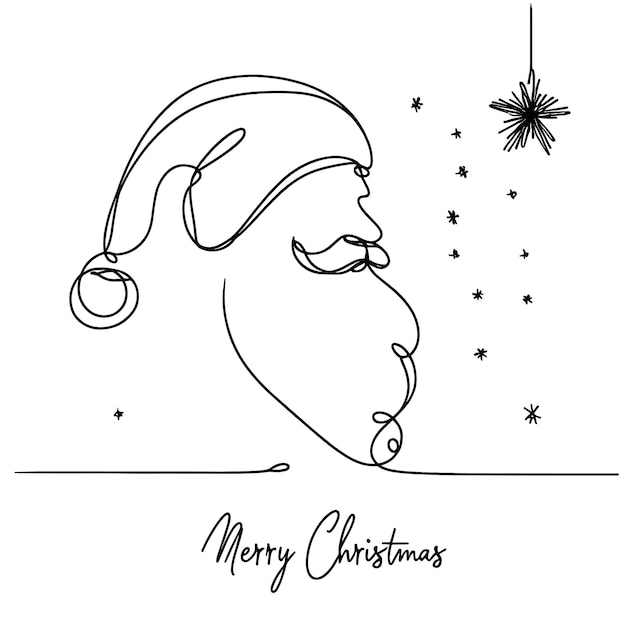 Vector merry christmas single line art of santa claus with falling stars illustration