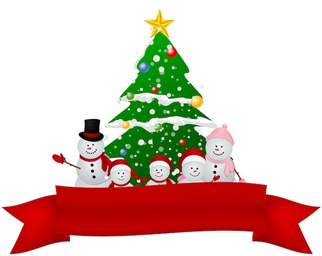 Merry Christmas Snowman family with red ribbon