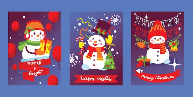 Merry Christmas snowman New year greeting card with santa snow-man character Xmas tree and gifts background illustration set of postcard winter holiday celebration poster design backdrop