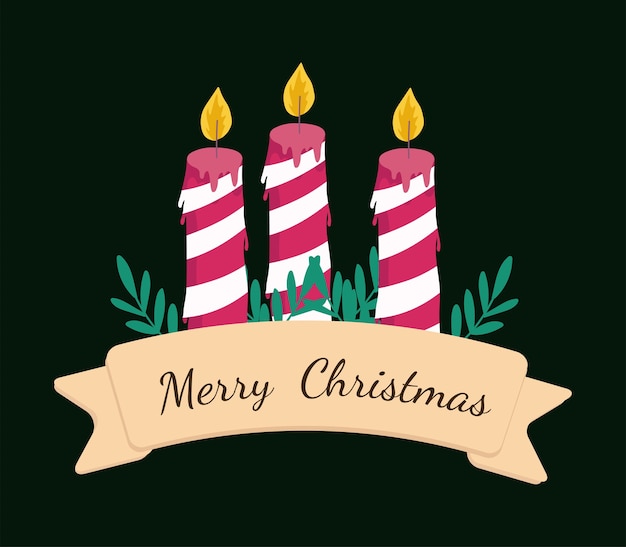 Merry christmas striped candles leaves and ribbon decoration  illustration