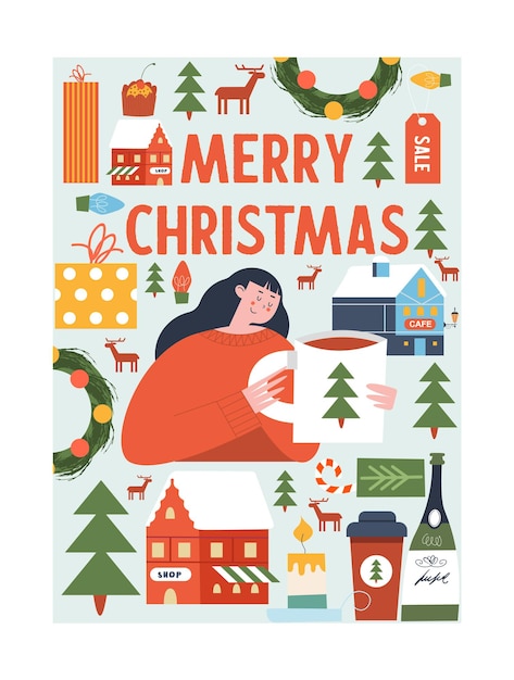 Merry Christmas Template for a vector festive Christmas poster A girl with a mug of tea