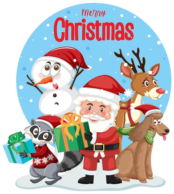 Merry Christmas text logo with Santa Claus and friends