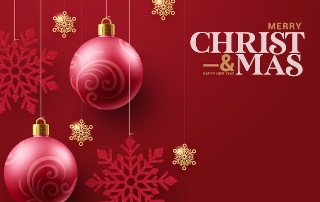 Merry christmas text vector background design. Christmas balls and snowflakes hanging elements