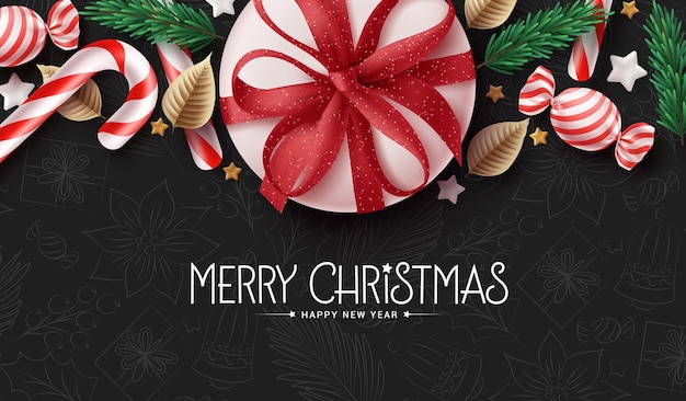 Merry christmas text vector background design. Christmas gift and xmas ornaments in elegant pattern