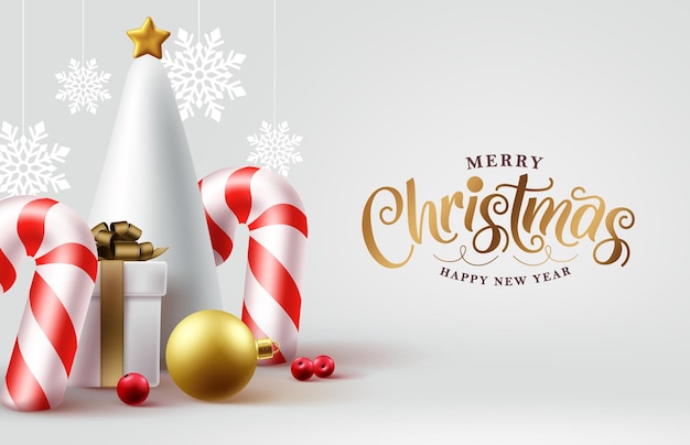 Merry christmas text vector background design. Christmas holiday season with fir tree, candy cane