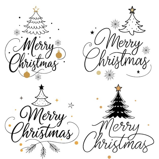 Vector merry christmas text with christmas tree vector illustration black and gold festive greeting card