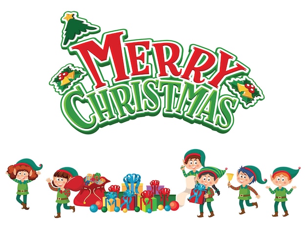 Merry Christmas text with elves cartoon character