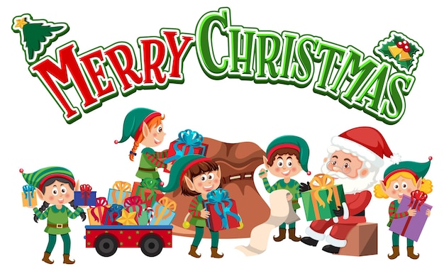 Merry Christmas text with elves making Christmas tree