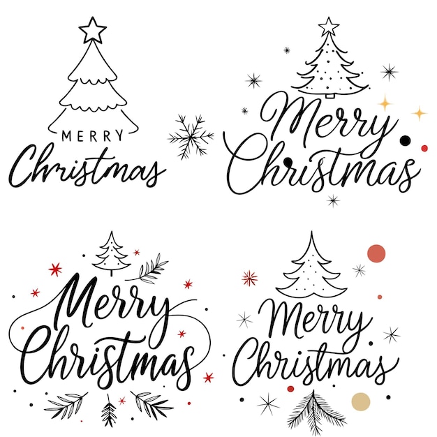 Vector merry christmas text with festive decorations black and white holiday greeting card design