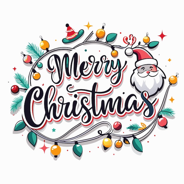 Vector merry christmas text with santa claus lights and pine branches