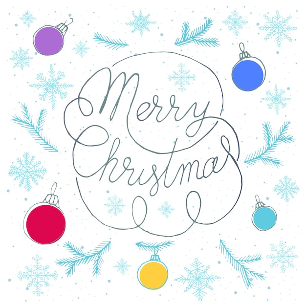 Merry Christmas text with Snowflakes lettering for greeting cards hand draw doodle