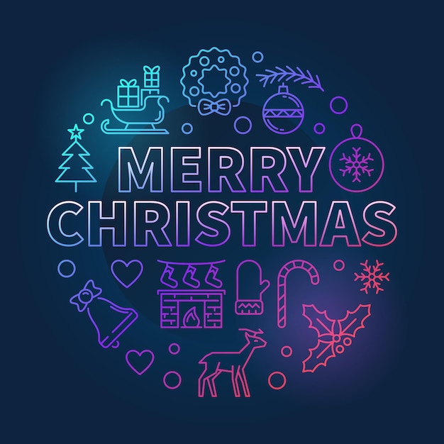 Merry Christmas thin line colored vector xmas illustration